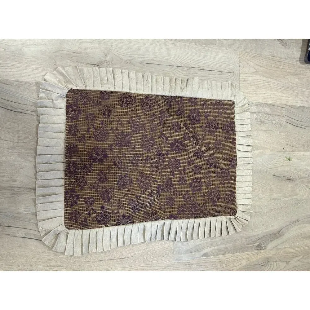 Purple Brown Floral Quilted Pillow Sham Pleated Ruffle Cottagecore Farmhouse